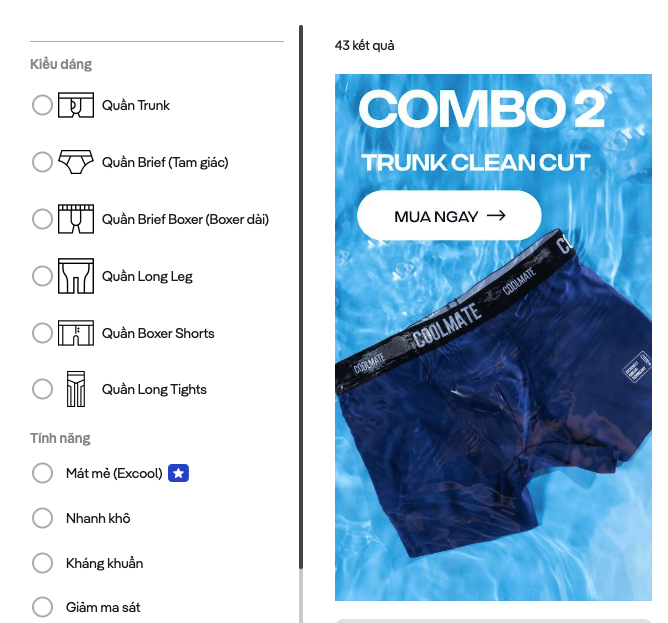 Chức năng lọc ở web bán hàng Coolmate