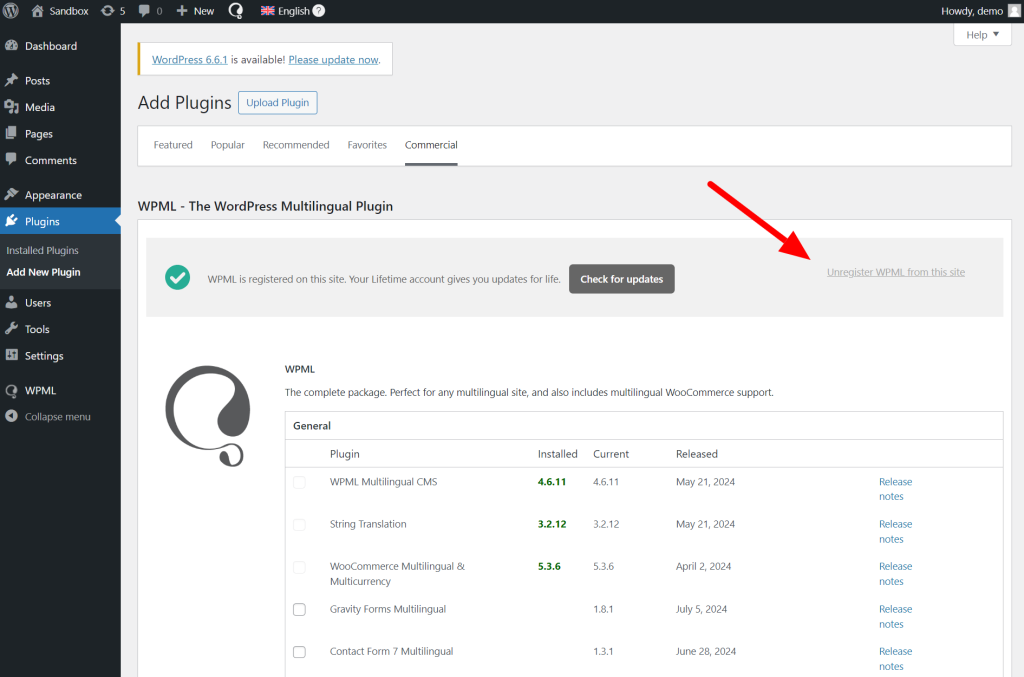 WPML license key trong Commercial tab