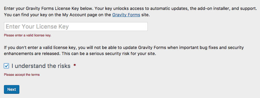Bỏ qua nhập key của Gravity Forms