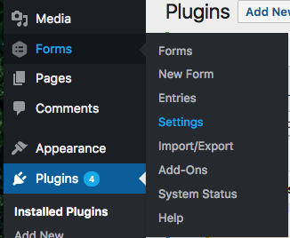 Menu Settings của Gravity Forms trong WordPress