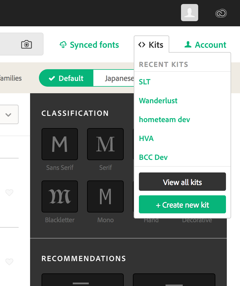 Menu để tạo new Typekit
