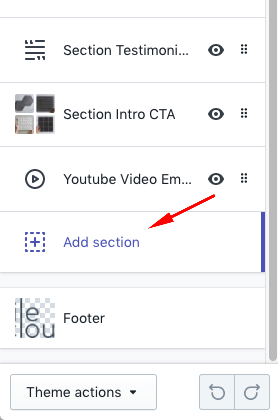 Thêm section mới trong Customize của Shopify