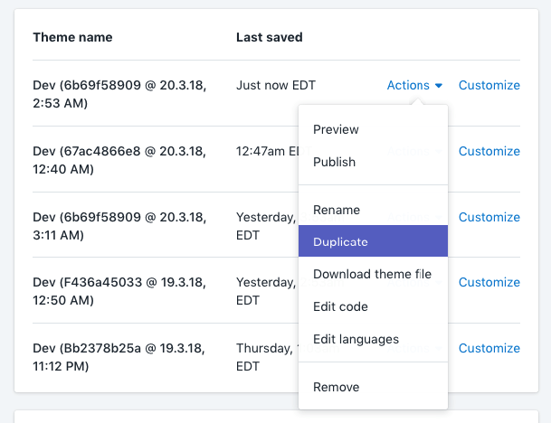 Duplicate theme trong Shopify