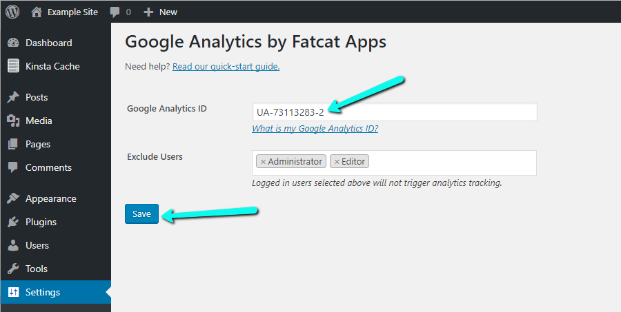 Thêm ID tài khoản Google Analytics vào trong cấu hình của plugin