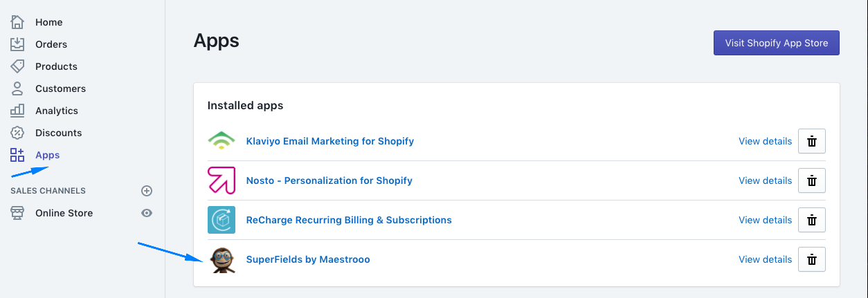 Truy cập vào Superfields từ menu Apps trong Shopify