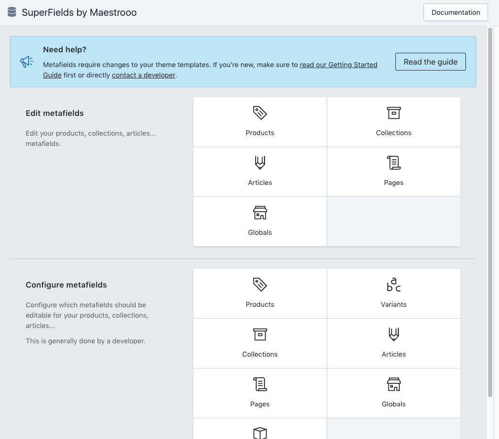 Giao diện quản lý của plugin Shopify Superfields