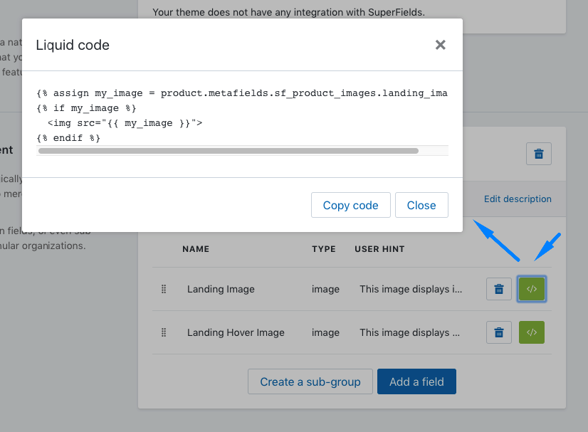 Plugin Shopify Superfields có tuỳ chọn code mẫu để dễ nhúng hơn