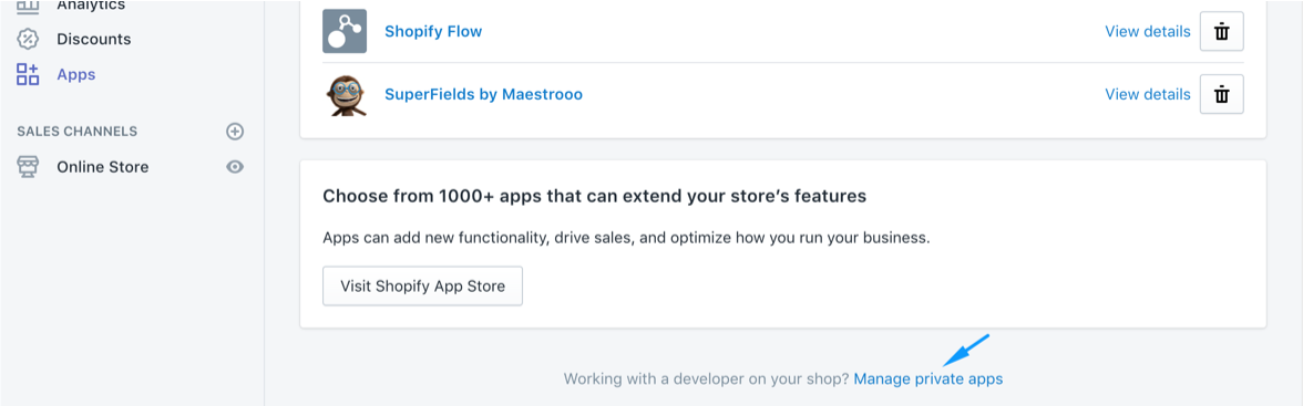 Truy cập Private Apps trong Shopify