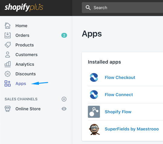 Truy cập menu Apps trong Shopify