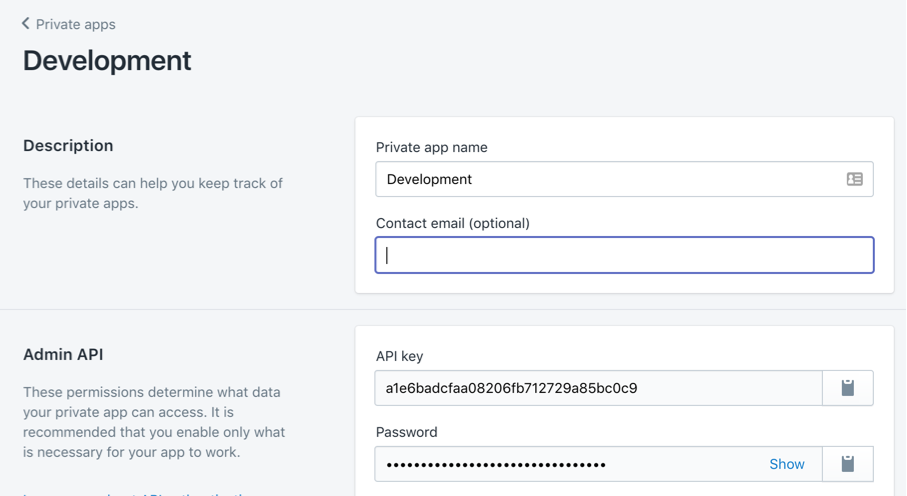 Thông tin API trong Private Apps của Shopify