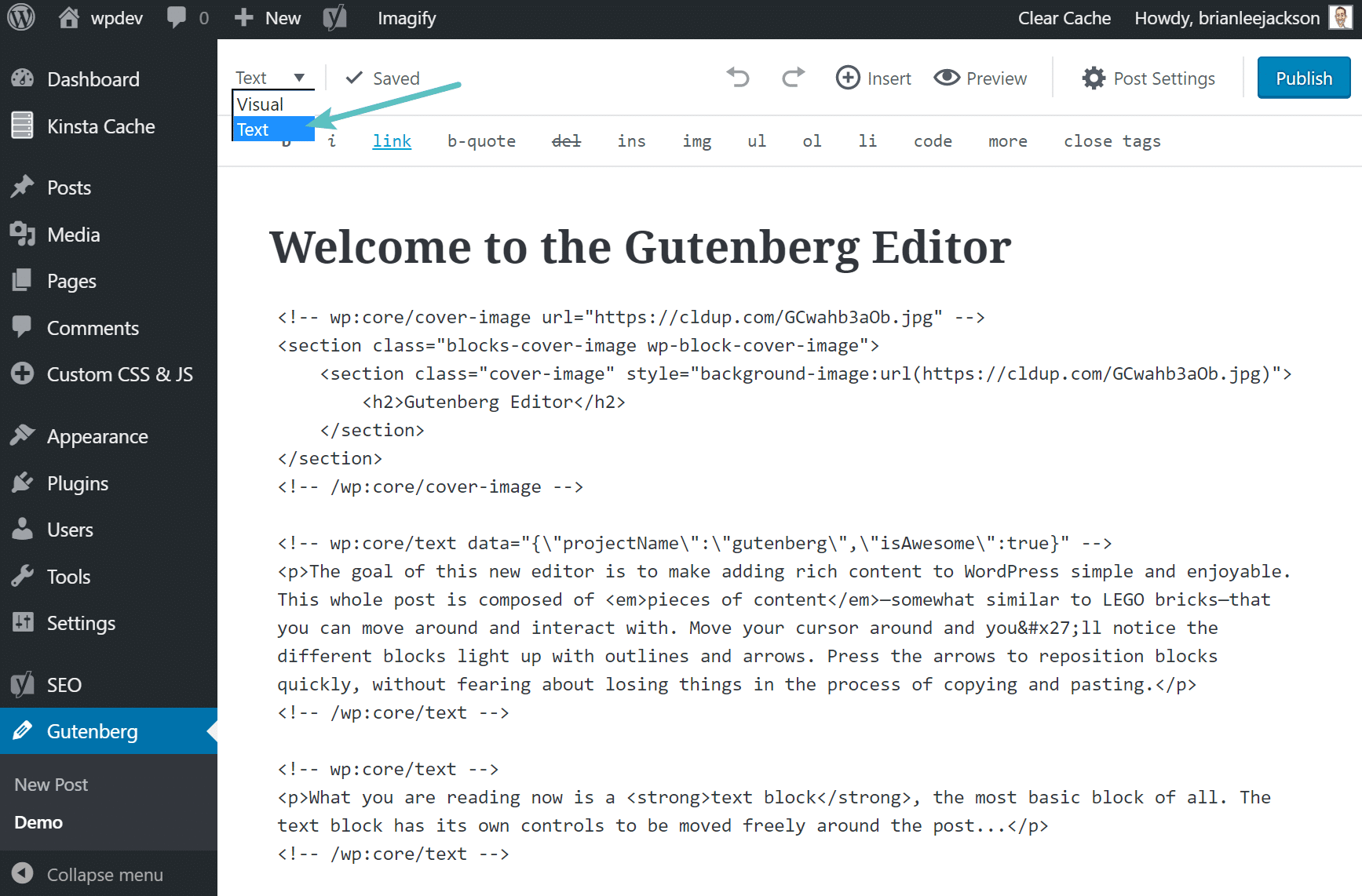 Chuyển đổi giữa code và nhìn để sửa trong Gutenberg