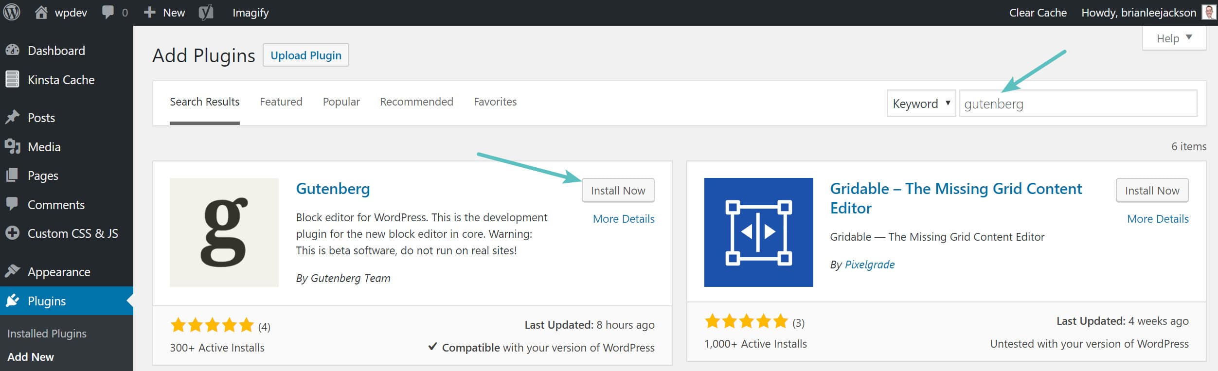 Cài đặt Gutenberg trong thư viện plugin WordPress