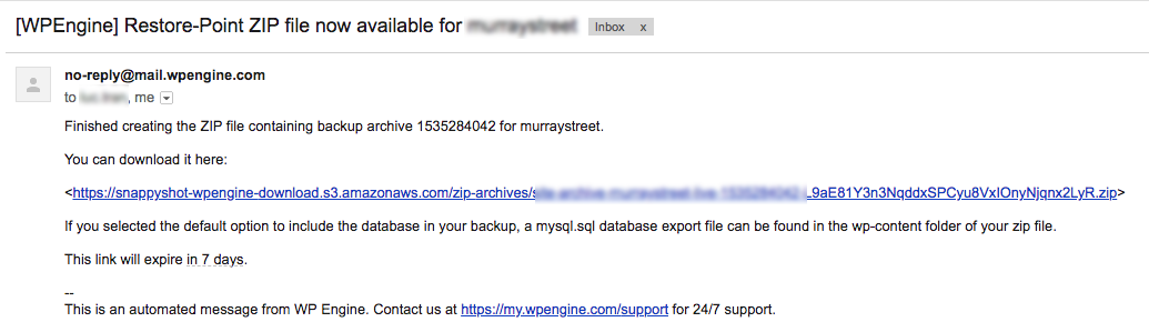 Tải xuống bản backup trong WPEngine qua email