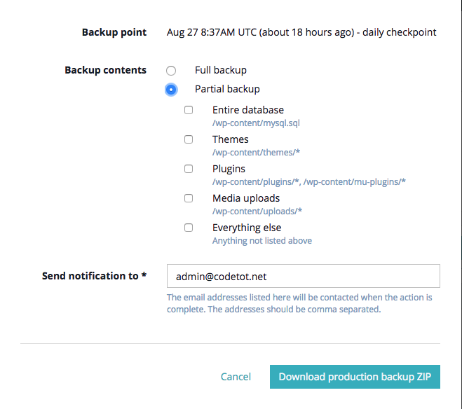 Hướng dẫn tải từng phần backup trong WPEngine