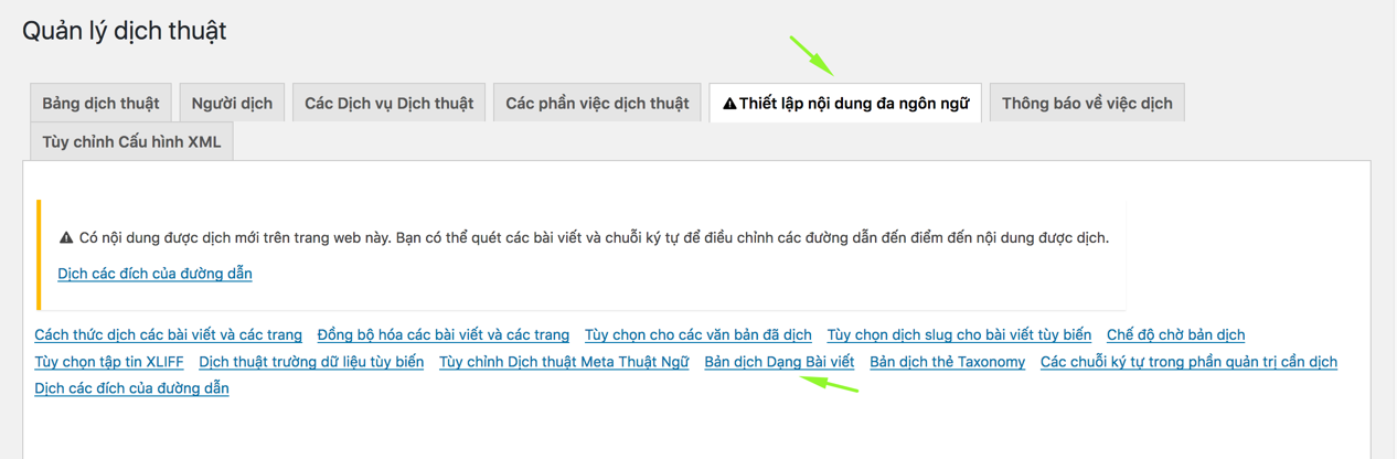 Truy cập menu Bản dịch dạng bài viết trong WPML