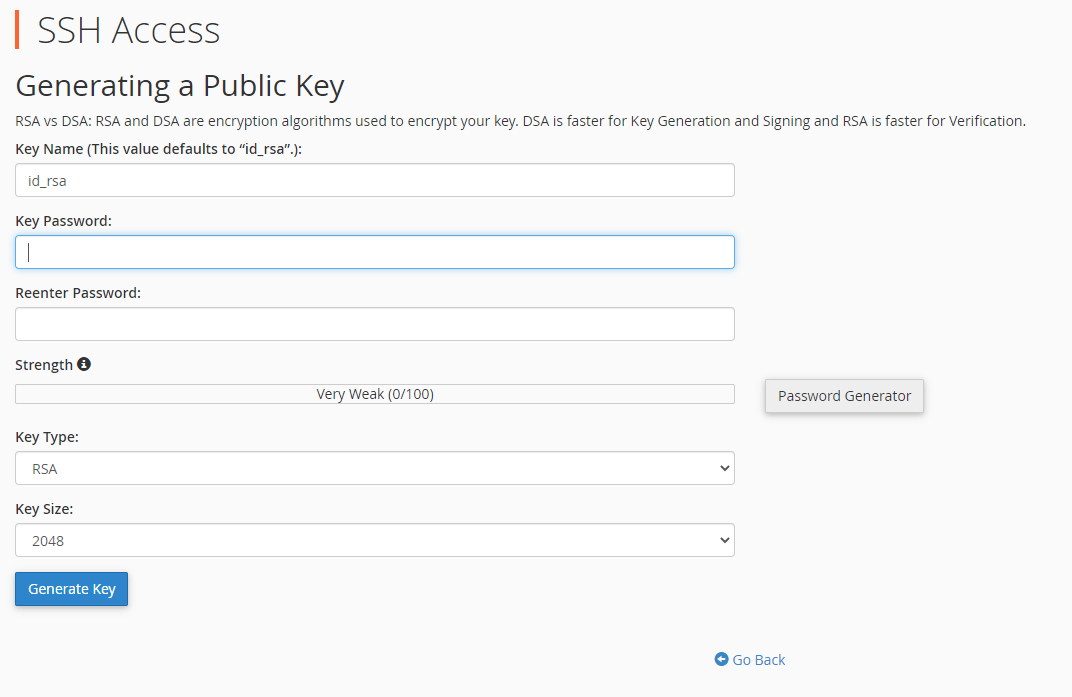 Màn hình tạo key SSH trong cPanel hosting