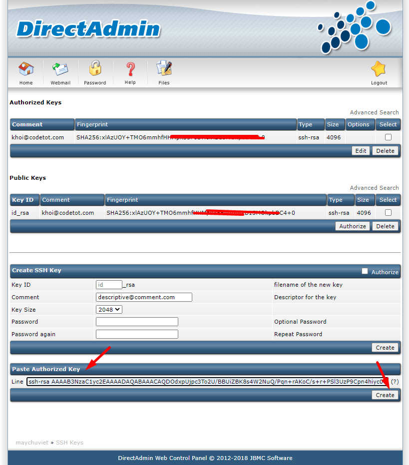 Thêm SSH Key trong DirectAdmin
