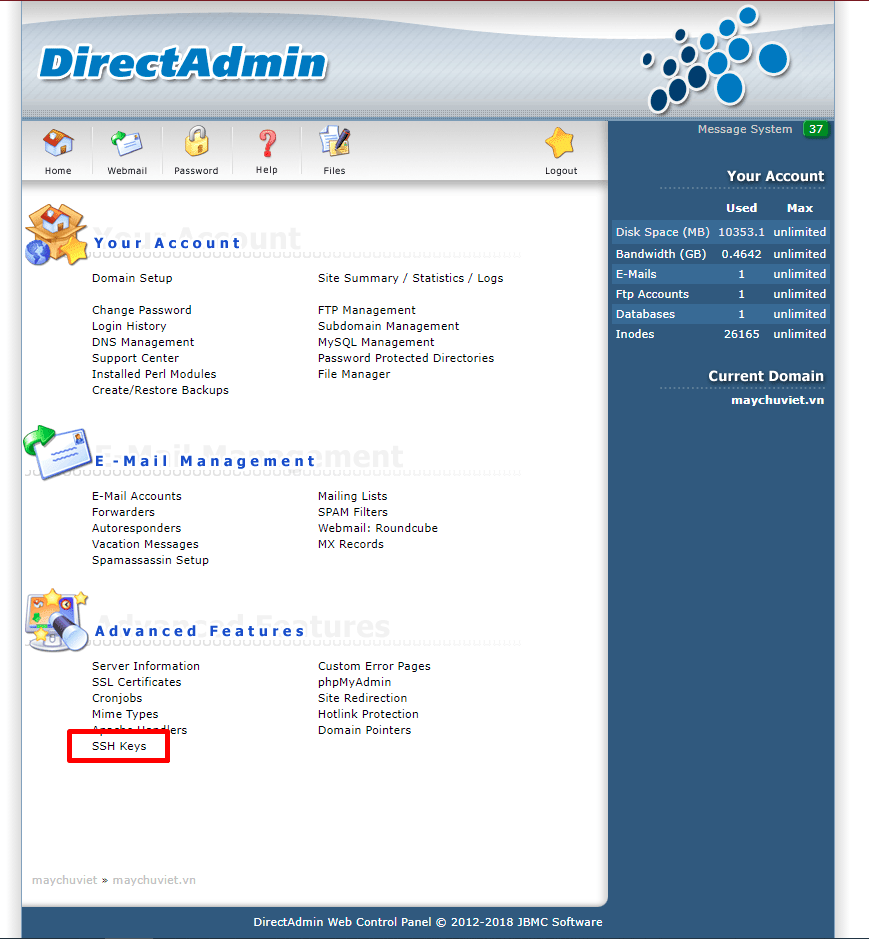Menu SSH Keys trong Directadmin