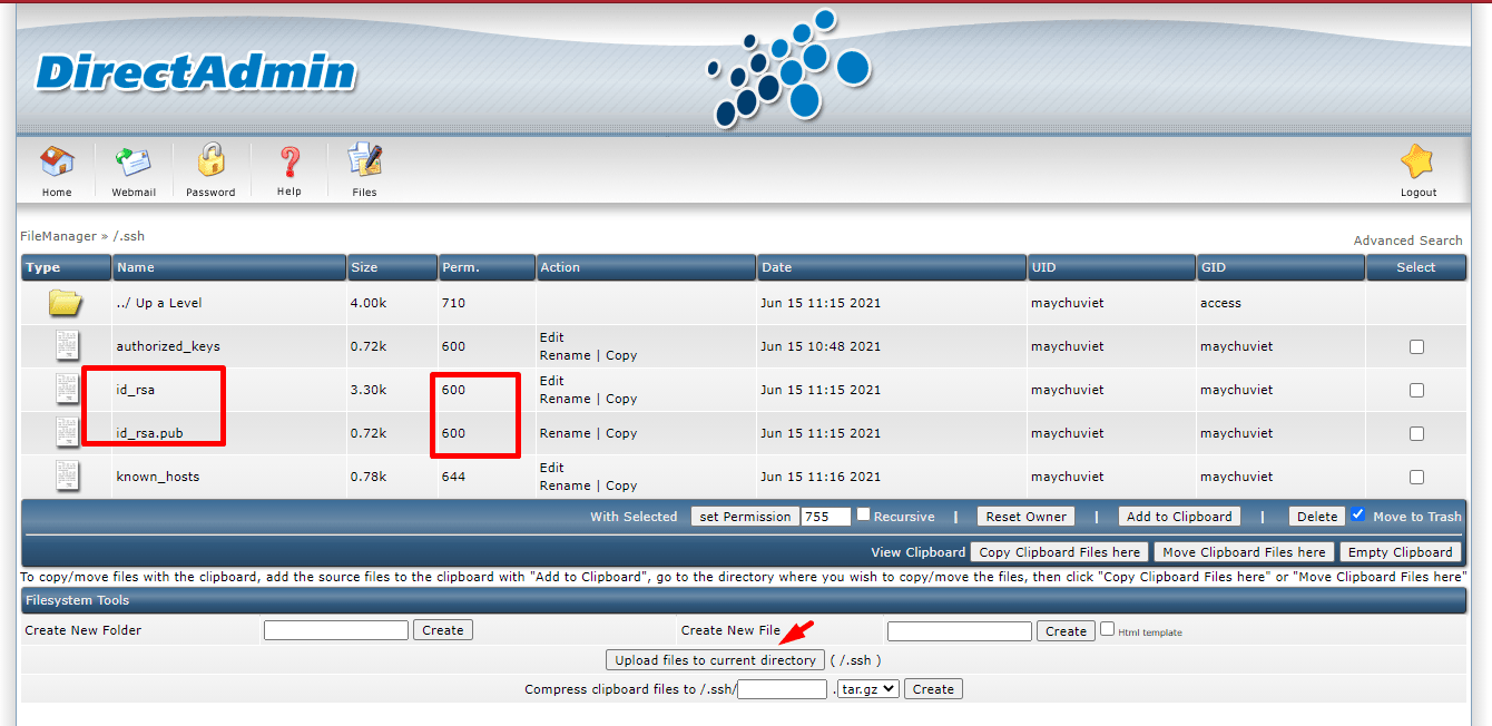 Folder .ssh trong Directadmin