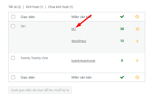 Chọn text domain cần dịch của giao diện WordPress