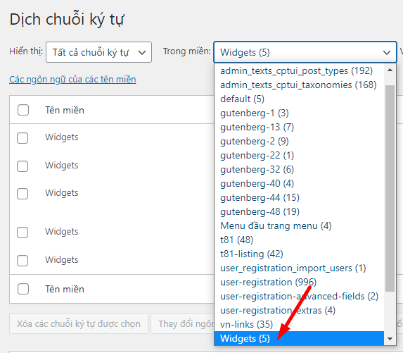 Chọn miền để dịch là Widget
