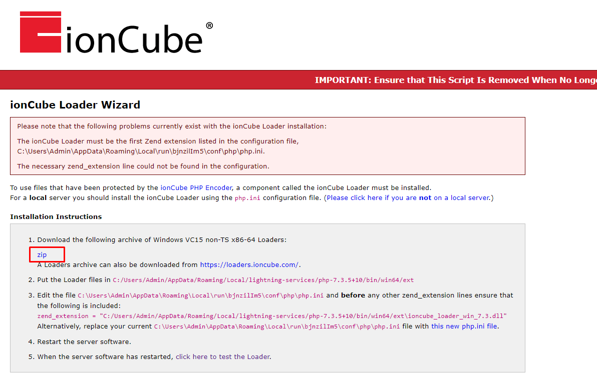 Cài đặt ioncube loaders wizard